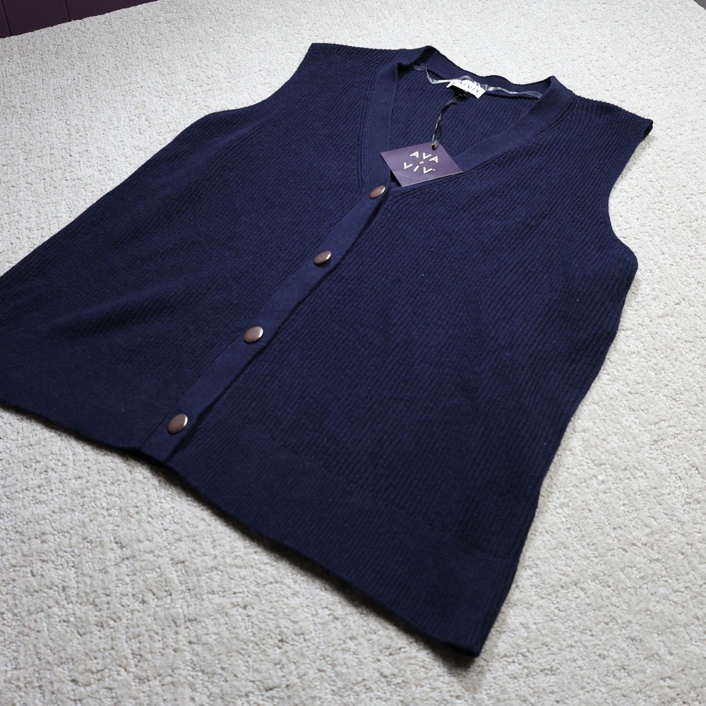 Ava & Viv Womens 2X Navy Blue Ribbed Knit Button Front V-Neck Cardigan Vest NWT